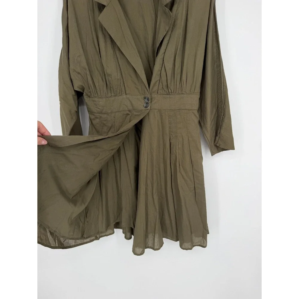 Free People Olive Green Cotton Notch Lapel Dolman Pleated Mini Dress XS OB814985